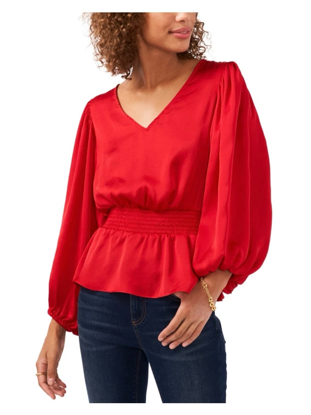 Vince Camuto Red V-Neck Peplum Blouse with Smocked Waist
